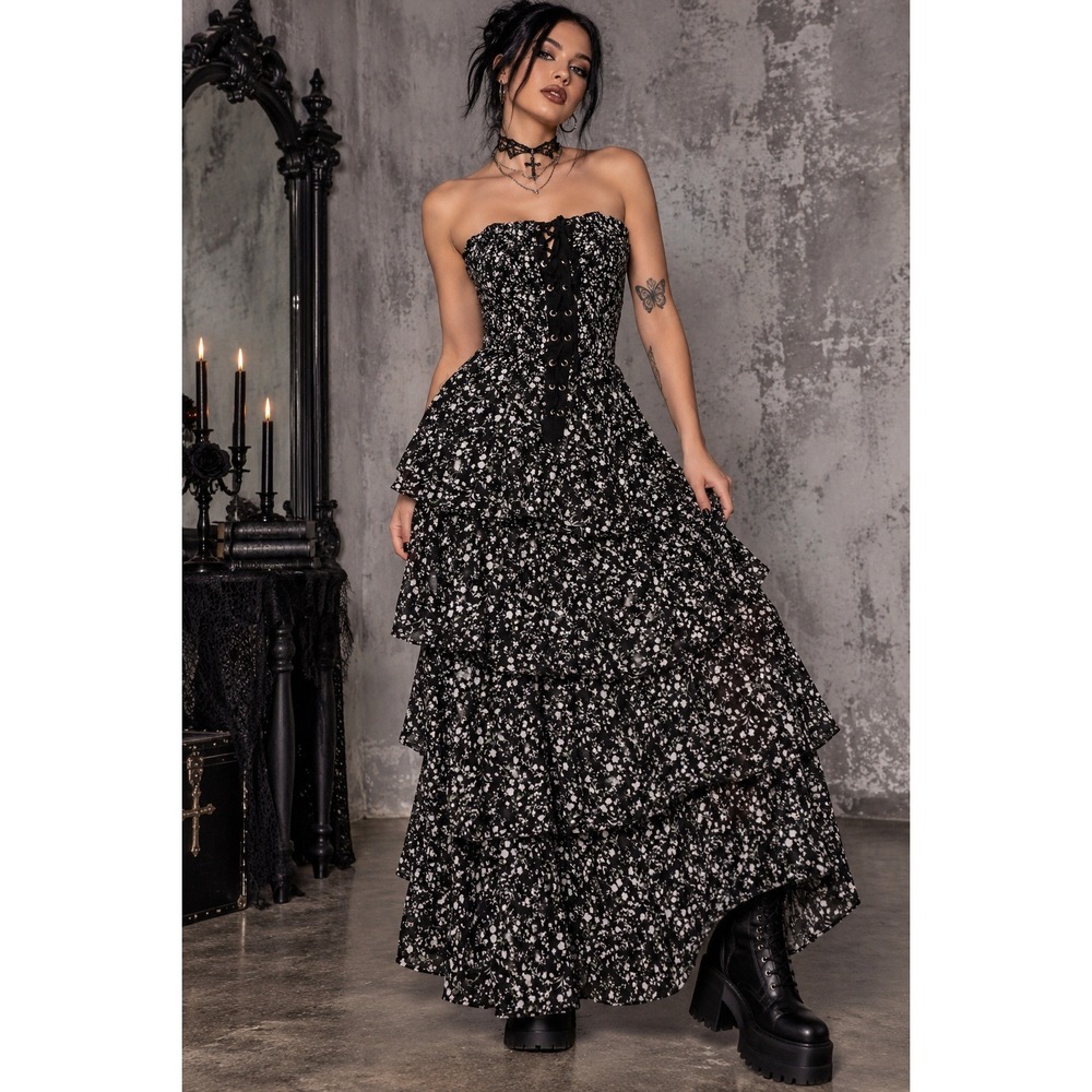 VICI x Gina Black Floral Strapless Corset Lace Up Tiered Maxi Dress